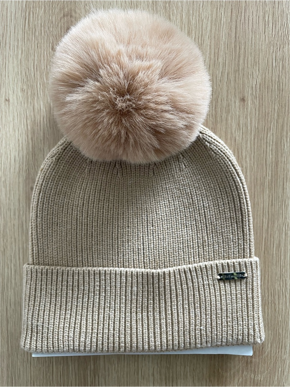 Steve Madden Women's Rib Knit Beanie tan pompom winter hat ski faux fur puff